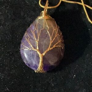 TREE OF LIFE AMETHYST GEMSTONE  PENDENT ON 20” 14K GOLD OVER SILVER SNAKE CHAIN